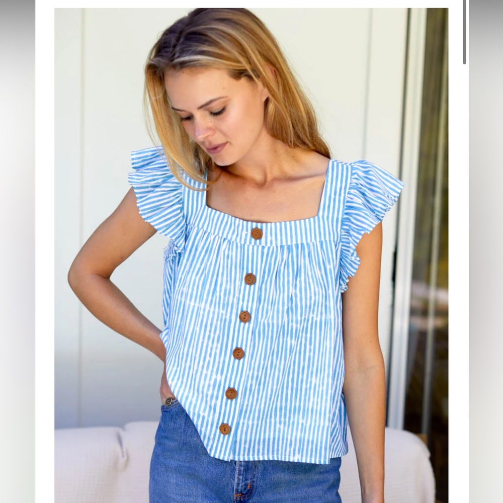 Emerson Fry LAURENT FLUTTER TOP - SUNDAY STRIPE BLUESY ORGANIC